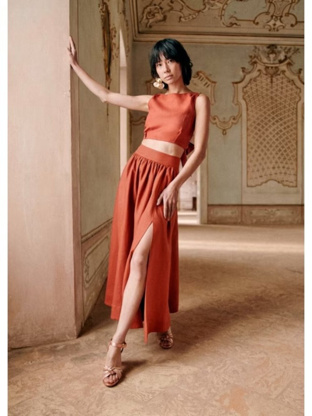 NWT Sezane Sophie in Terracotta Heavy Linen Side Slit A-line Maxi Skirt 46 / 14